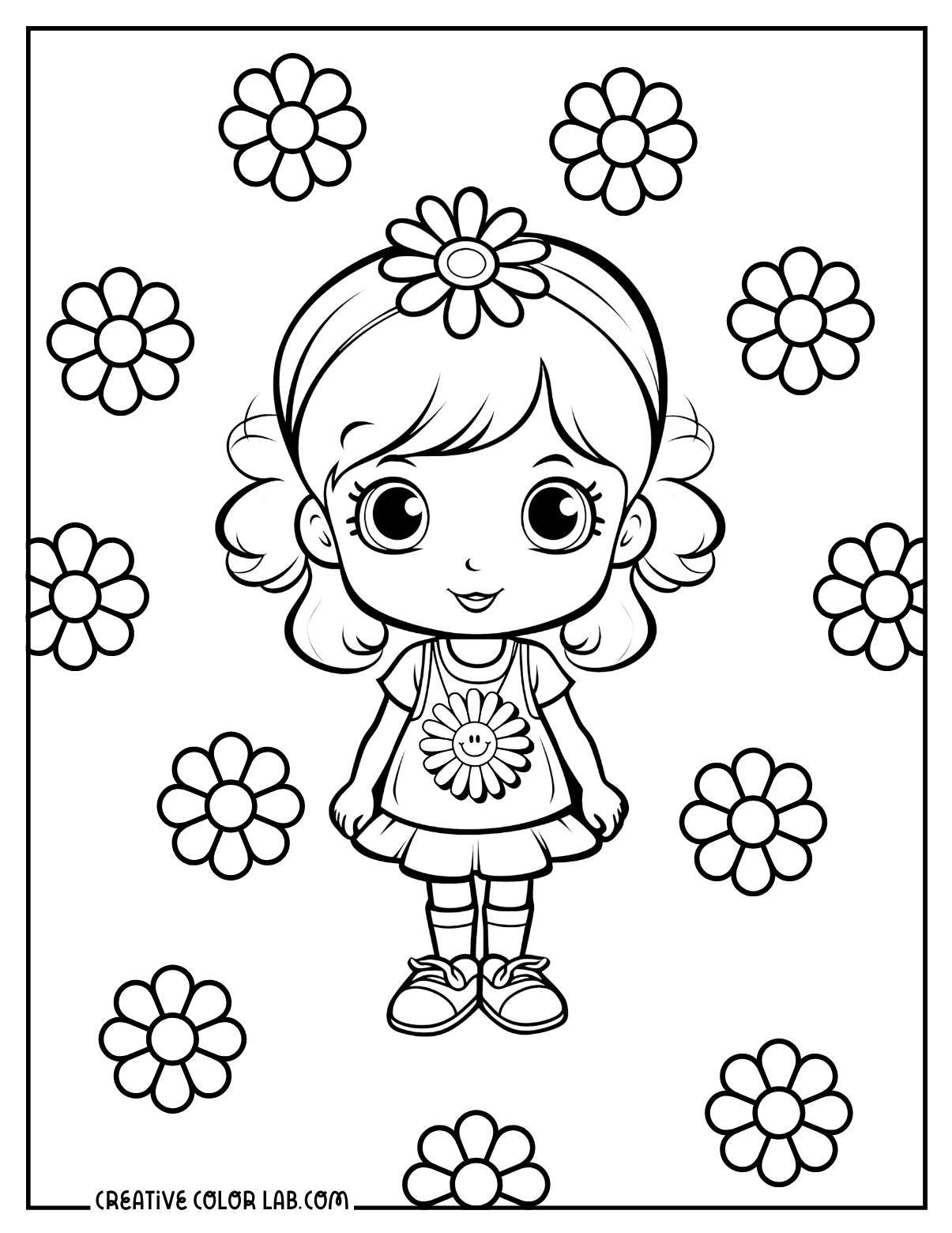 Little girl with small daisies coloring page.