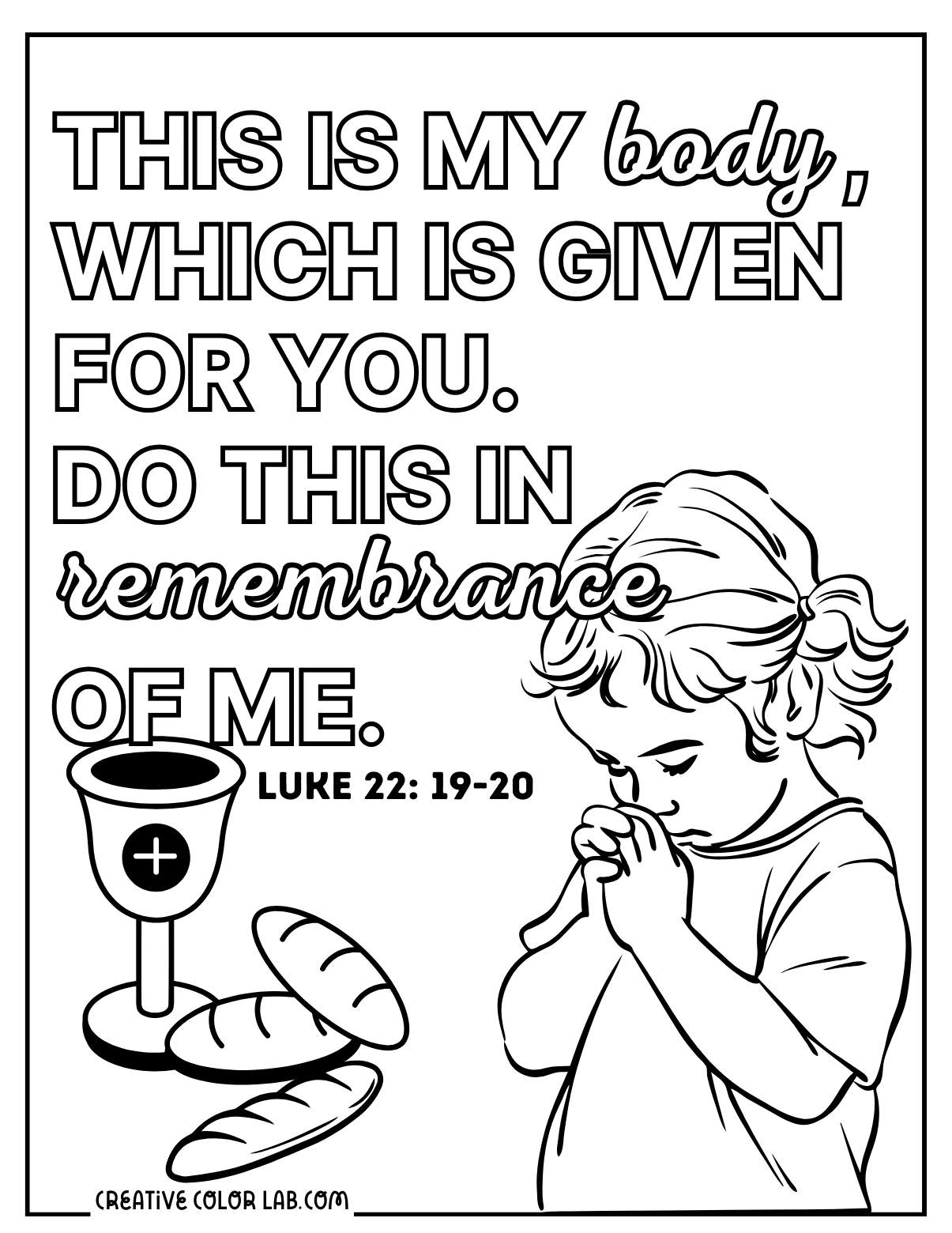 Luke 22:19-20 Holy communion verse coloring page with a child praying.