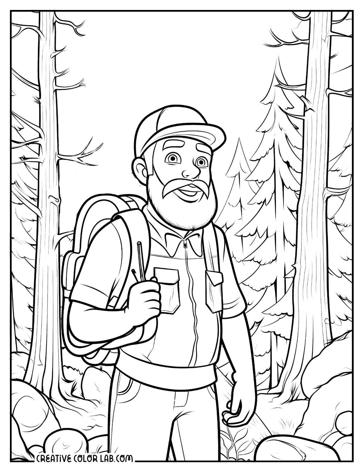 A man hiking in forest coloring sheet.