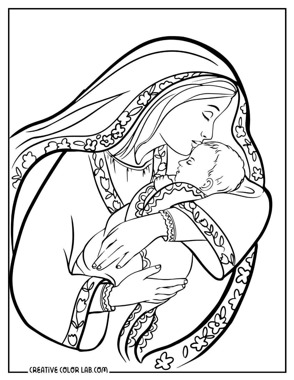 Mary mother of God holding baby Jesus coloring page.