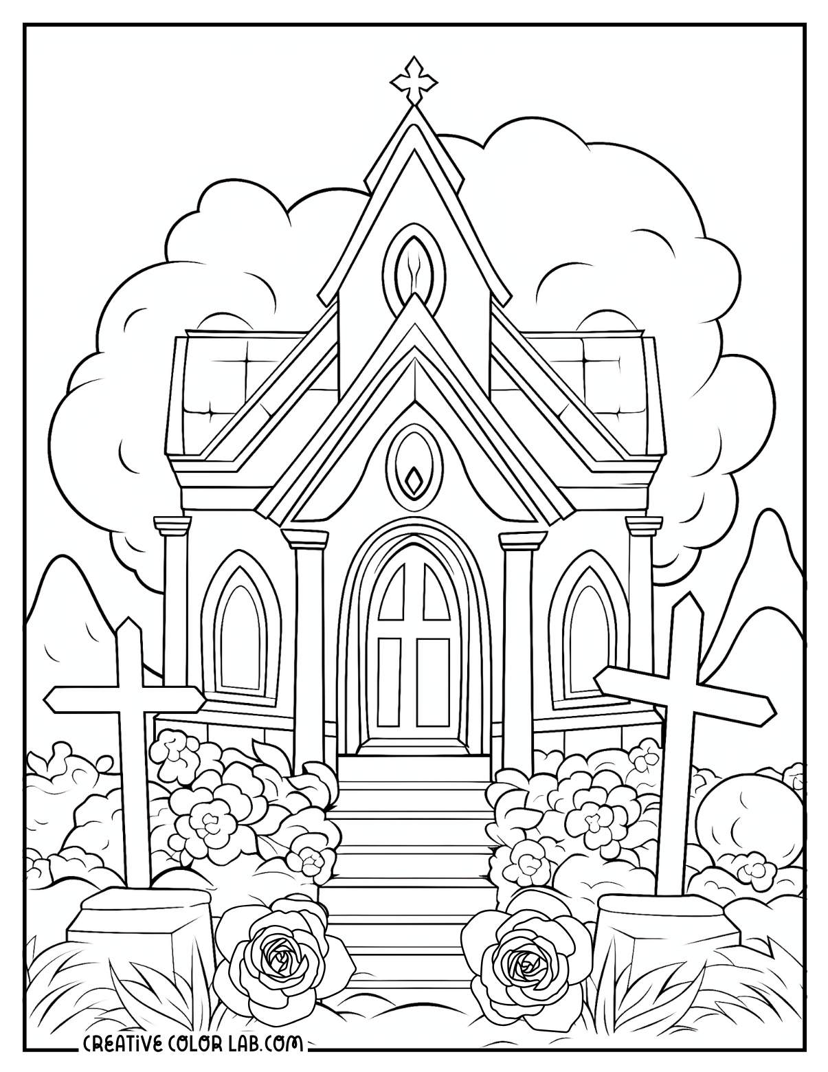 A mausoleum illustration to color for adults.