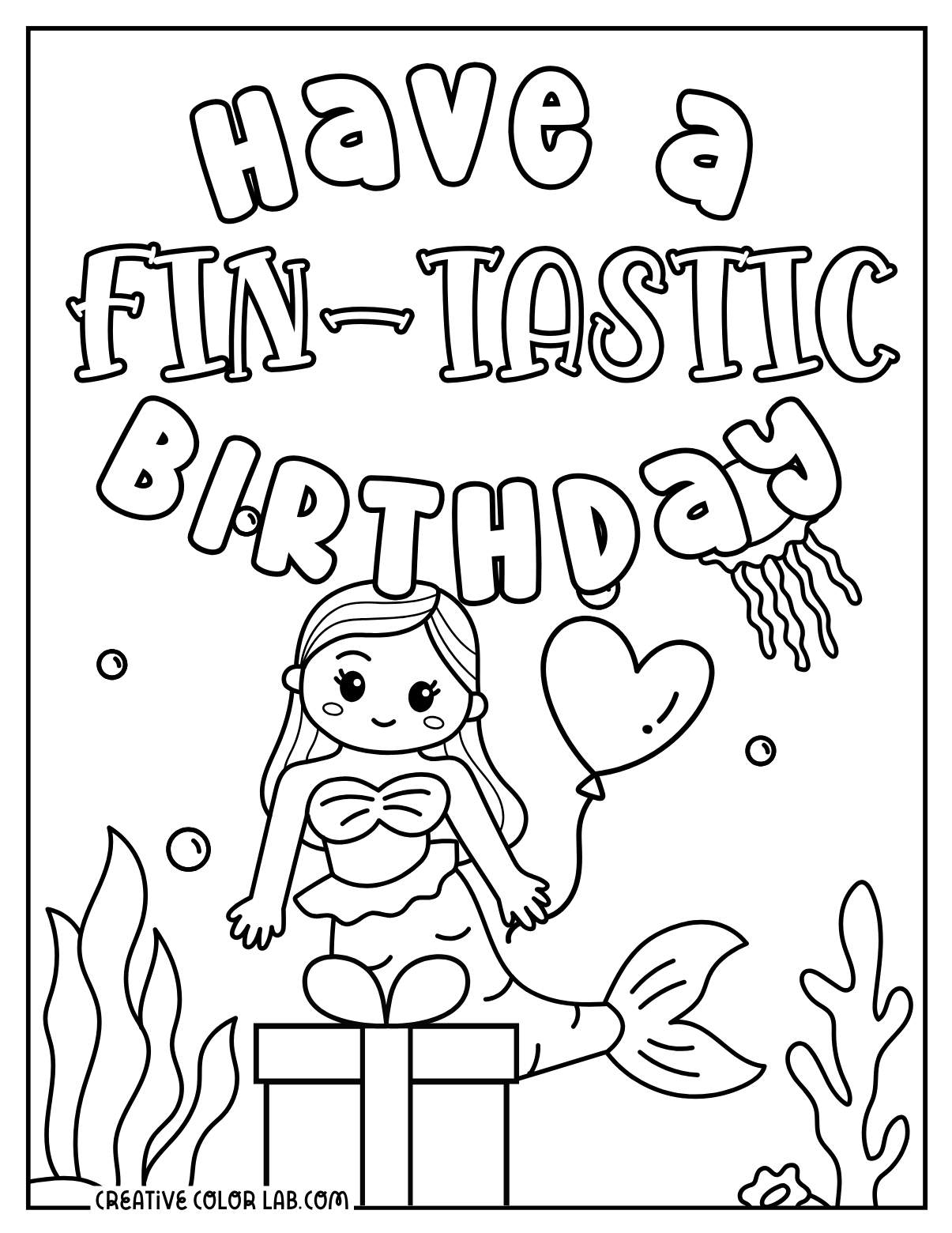 Mermaid birthday joke coloring page for children.