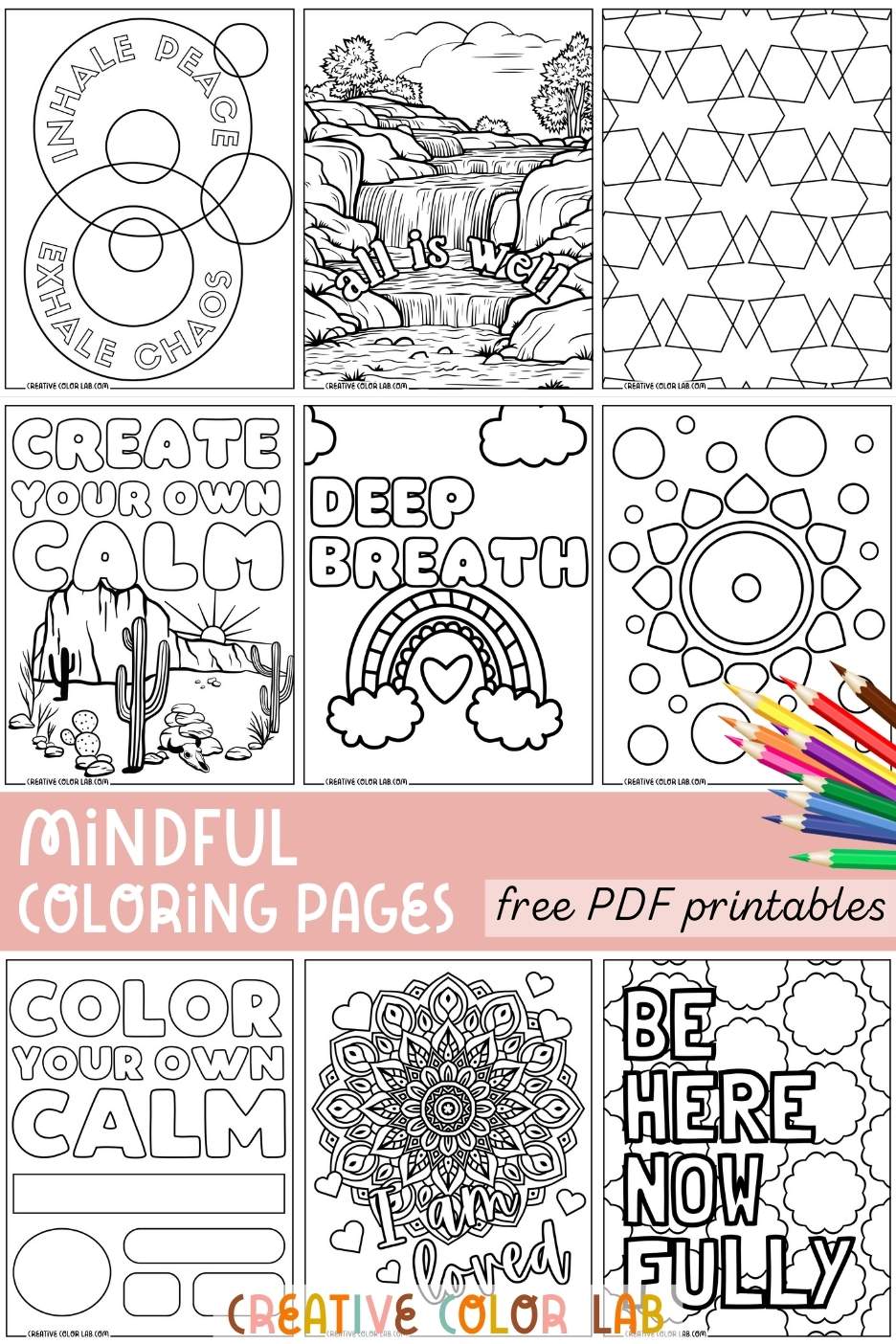 Collection of mindfulness coloring pages to download.