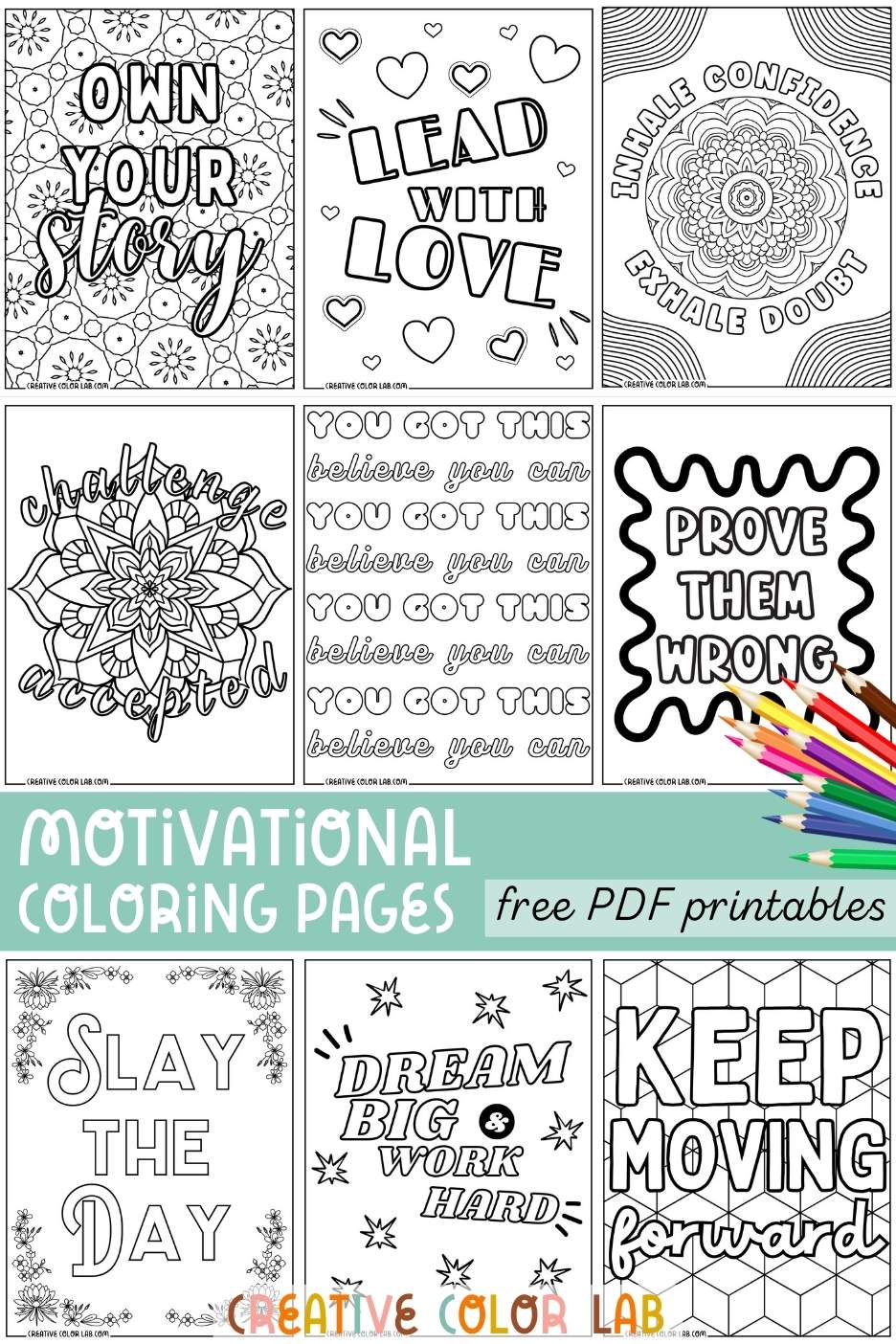 Collection of free coloring pages in PDF format, featuring inspirational quotes. 