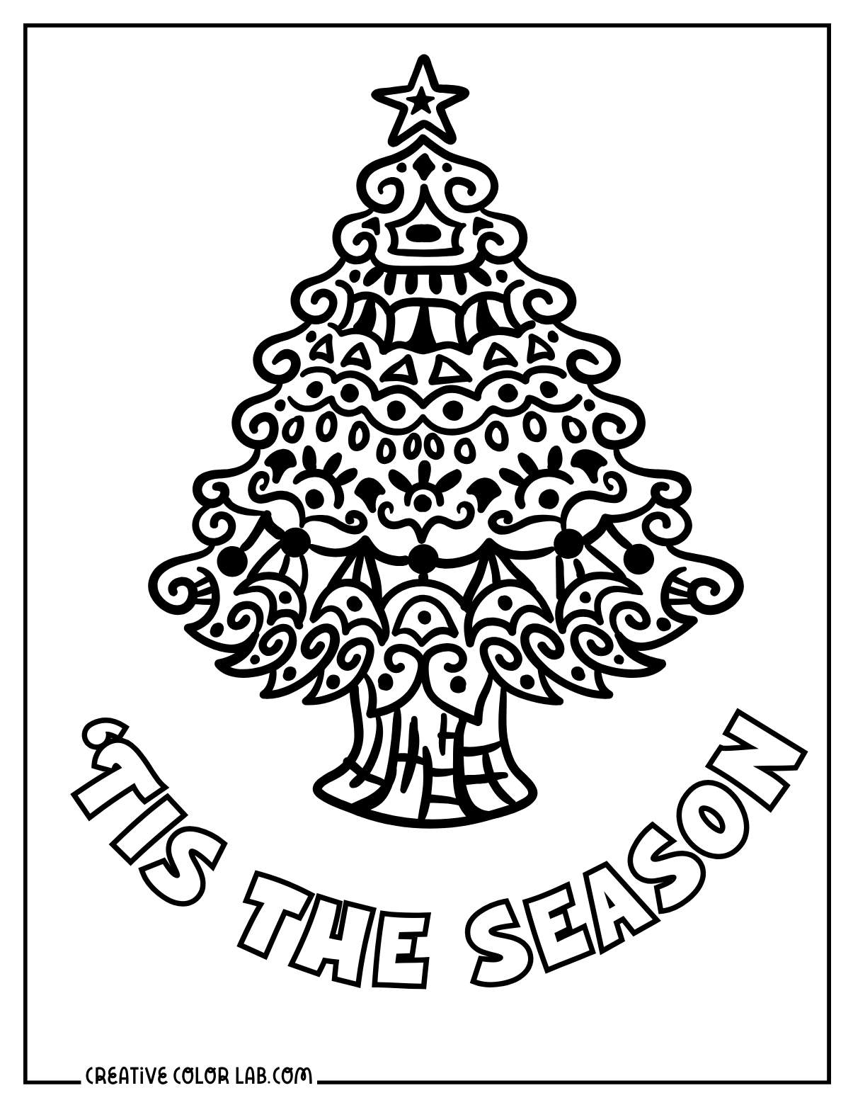 Ornate Christmas tree coloring page for adults.