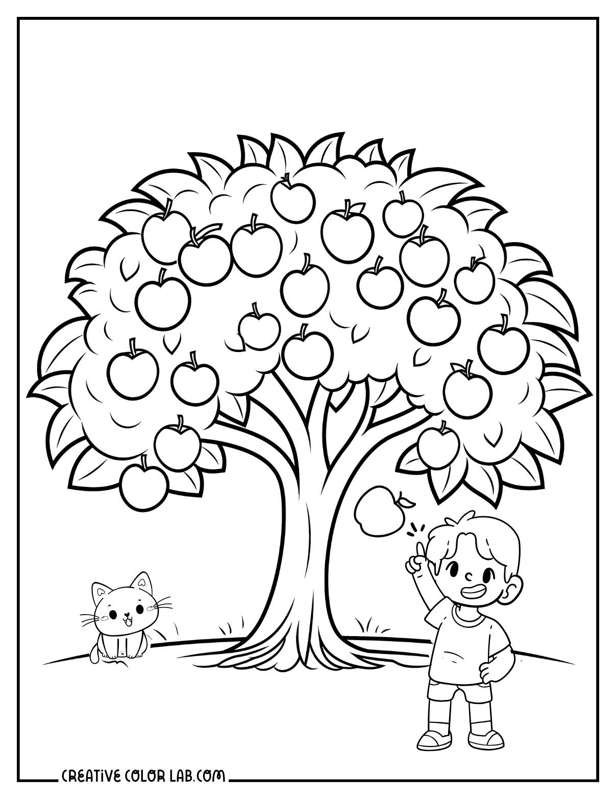 A child picking apples to color in.