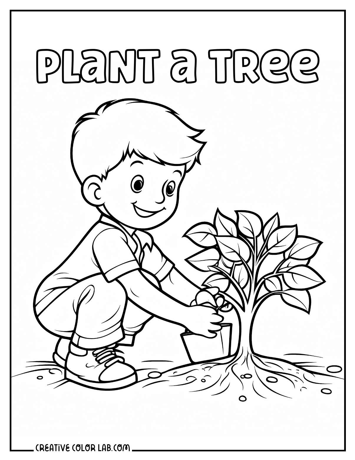 Planting trees coloring page for kids.