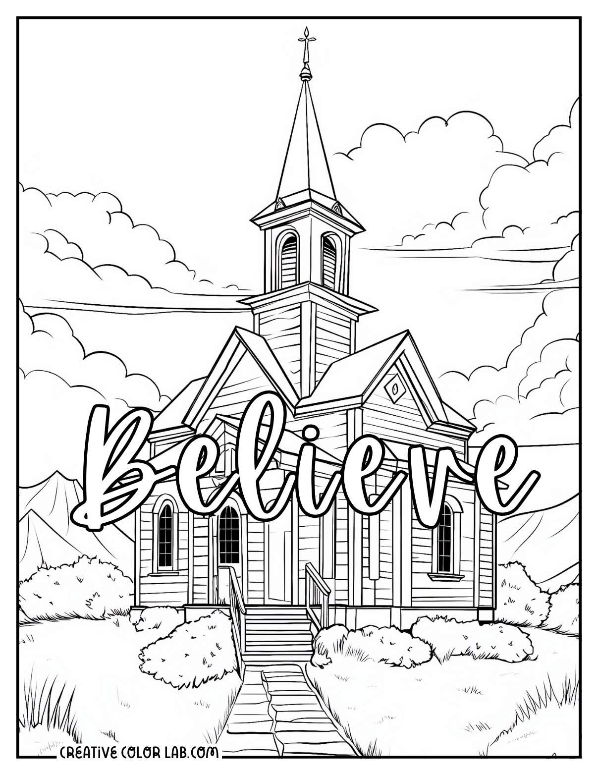 Praise and worship believe in church coloring sheet.