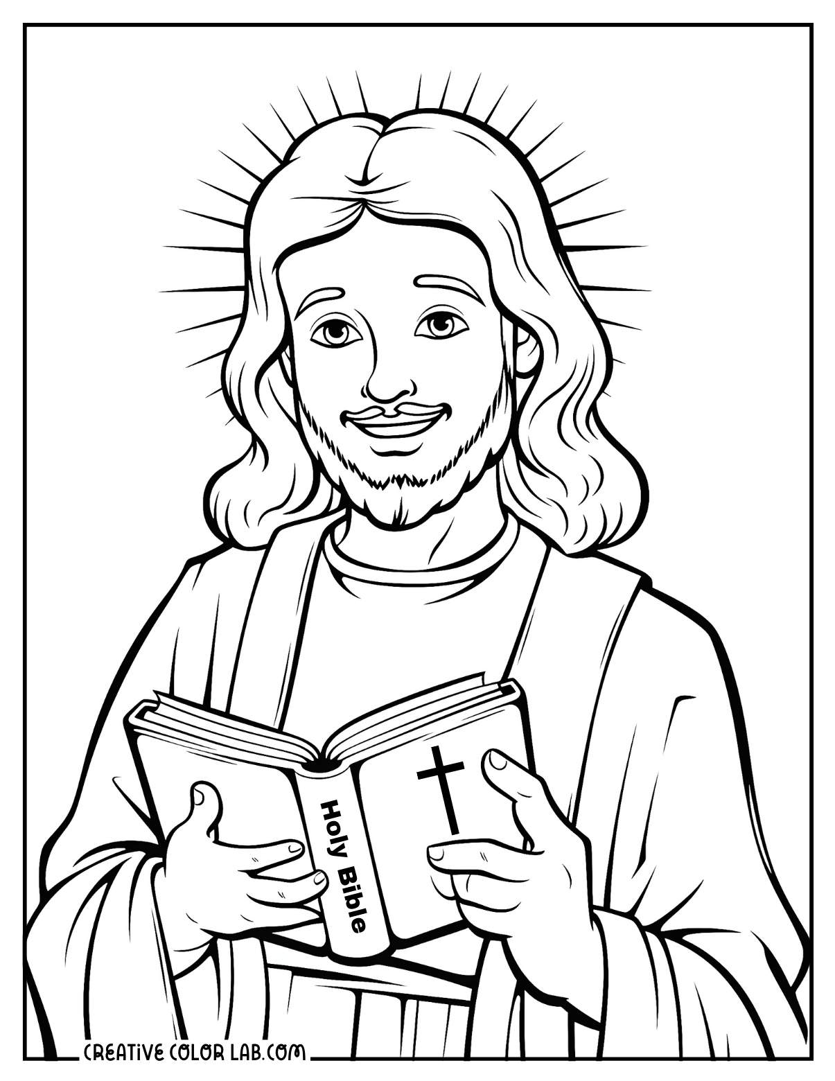 Jesus preaching catechism while holding a bible coloring page.