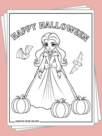 Free princess halloween coloring pages PDF.