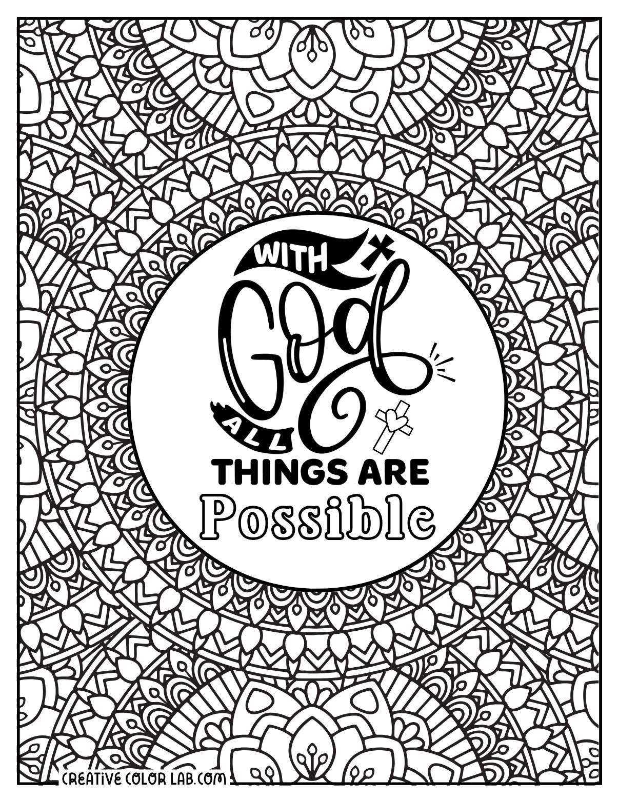 Printable church scripture mandala coloring sheet for adults.
