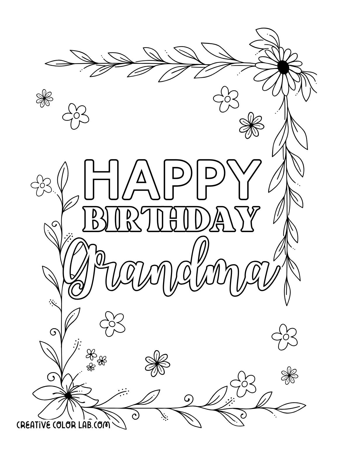 Free printable coloring birthday card for grandma with flowers.