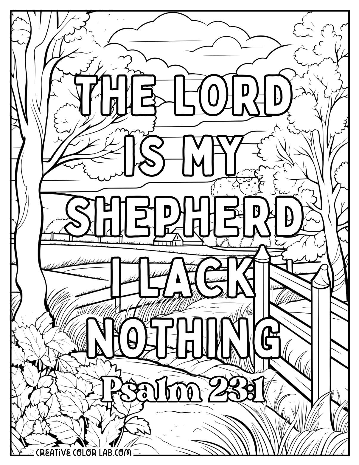 Psalm 23:1 coloring page with nature.