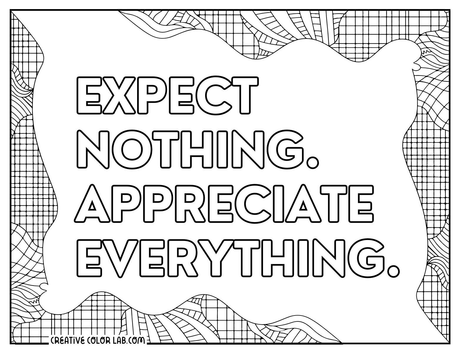 Quote about gratitude coloring page with grid lines.
