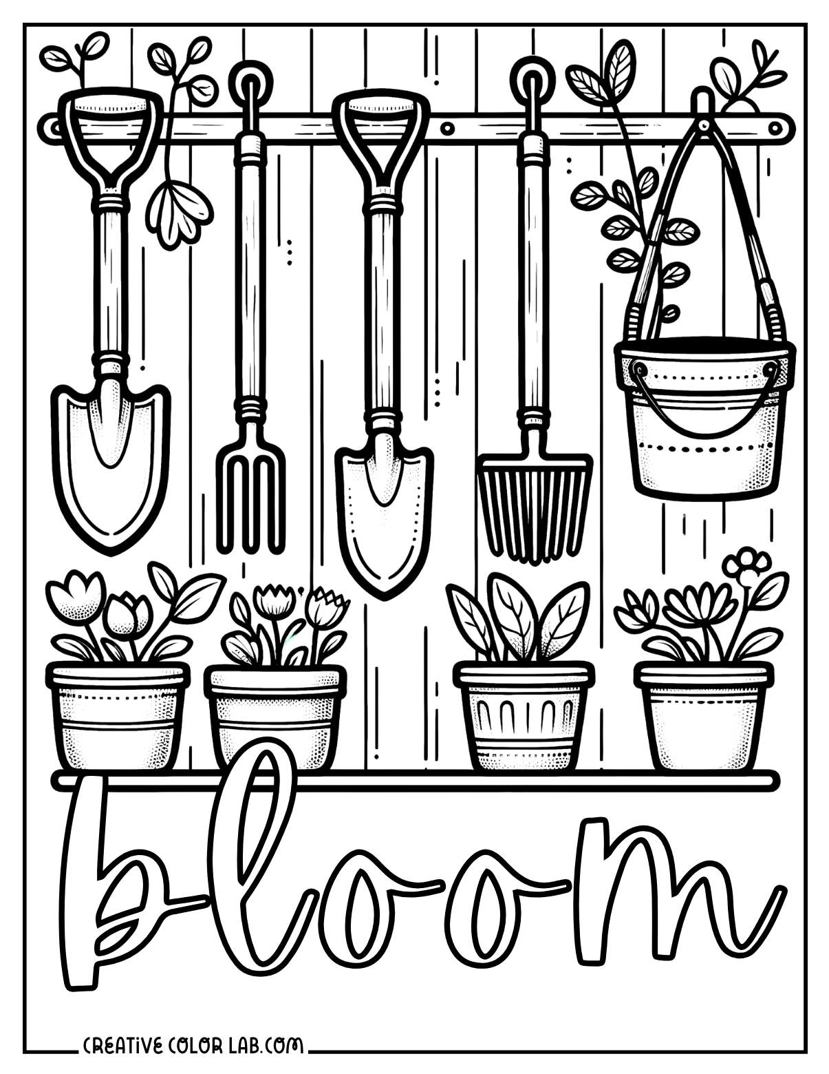 Rake, shovel and trowel in garden shed coloring page.