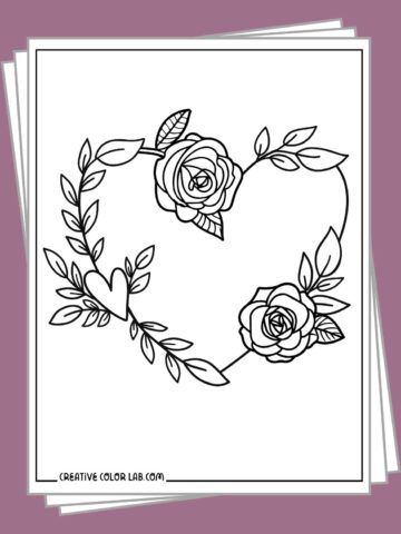 Free printable rose and heart coloring pages.