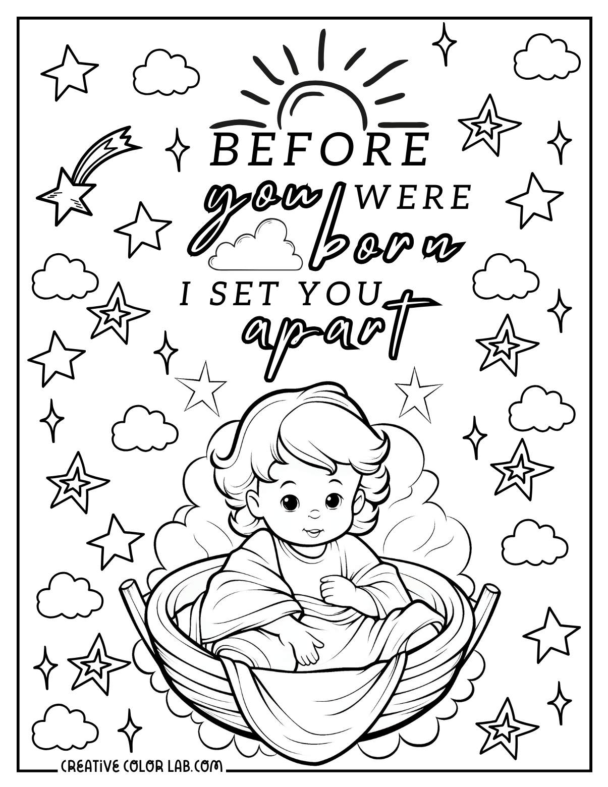 Sacred scripture picture of baby jesus to color in for kids.