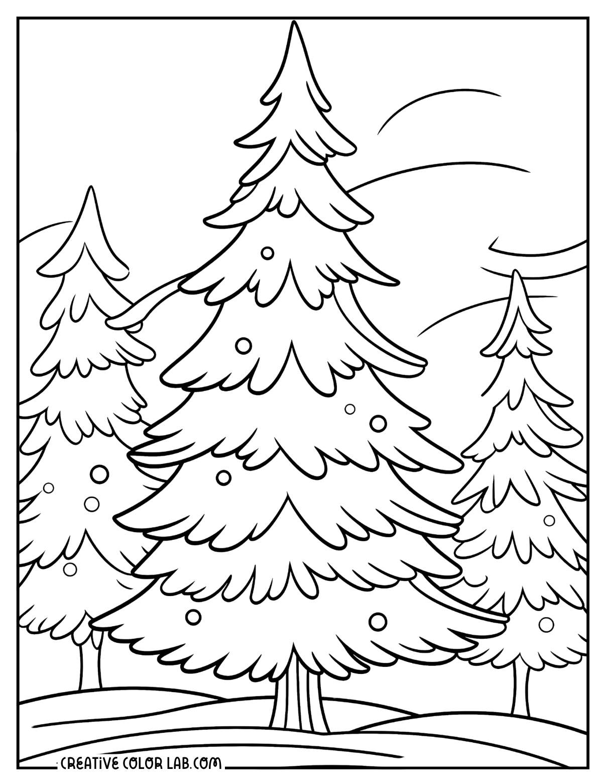 Snowy evergreen trees coloring page.