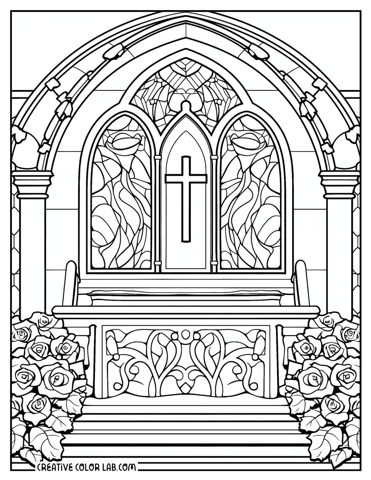 Stained glass church halloween coloring page.