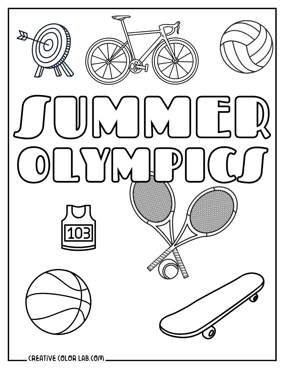 Summer olympics sports such as archery, volleyball, basketball, tennis, skateboard, biking, and running pictures to color.
