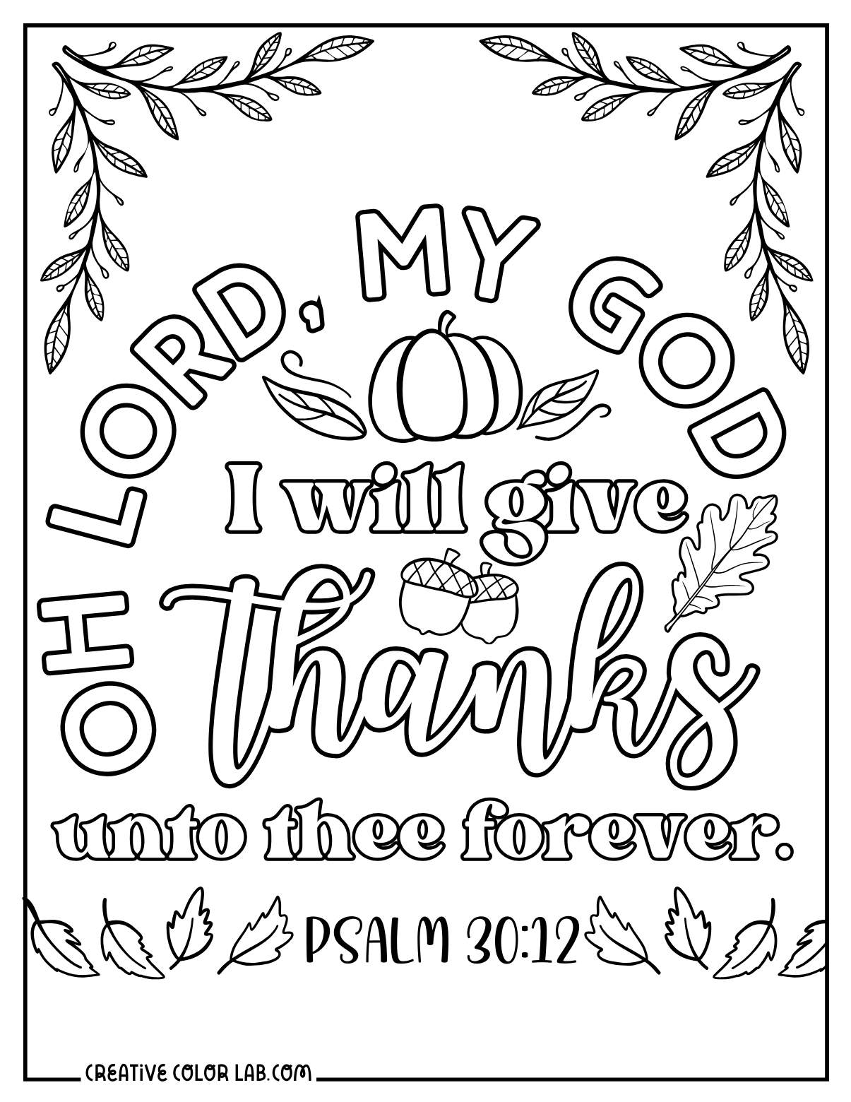 Psalm 30:12 Sunday school thanksgiving activity to color.
