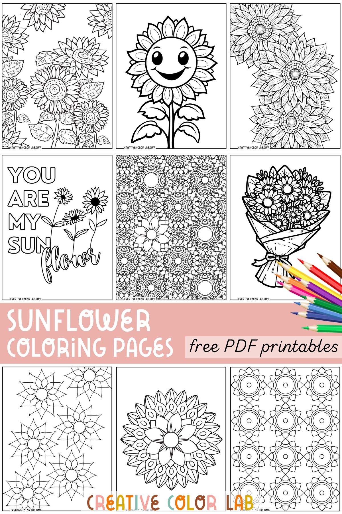 Collection of free sunflower coloring pages.