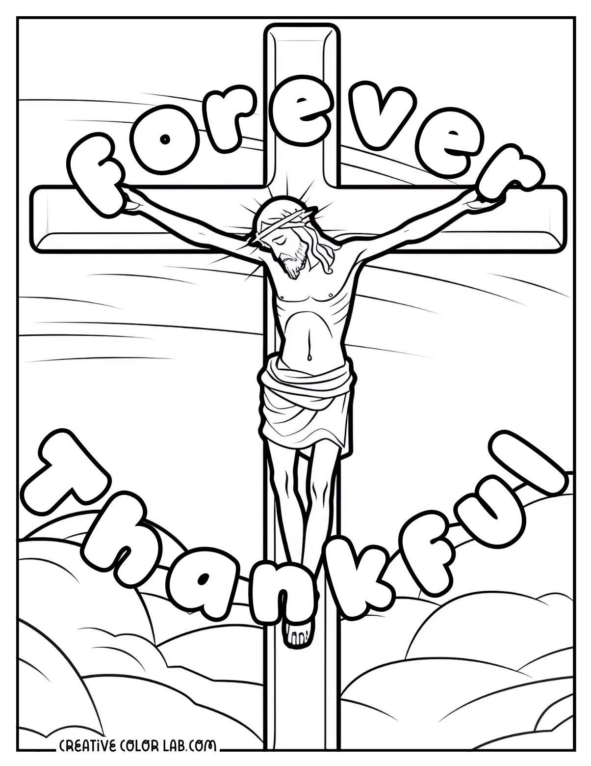 Jesus on the cross sacrifice coloring page for kids.