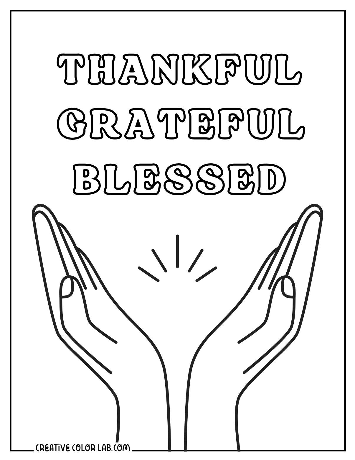 Thankful, grateful and blessed coloring sheet with two hands.