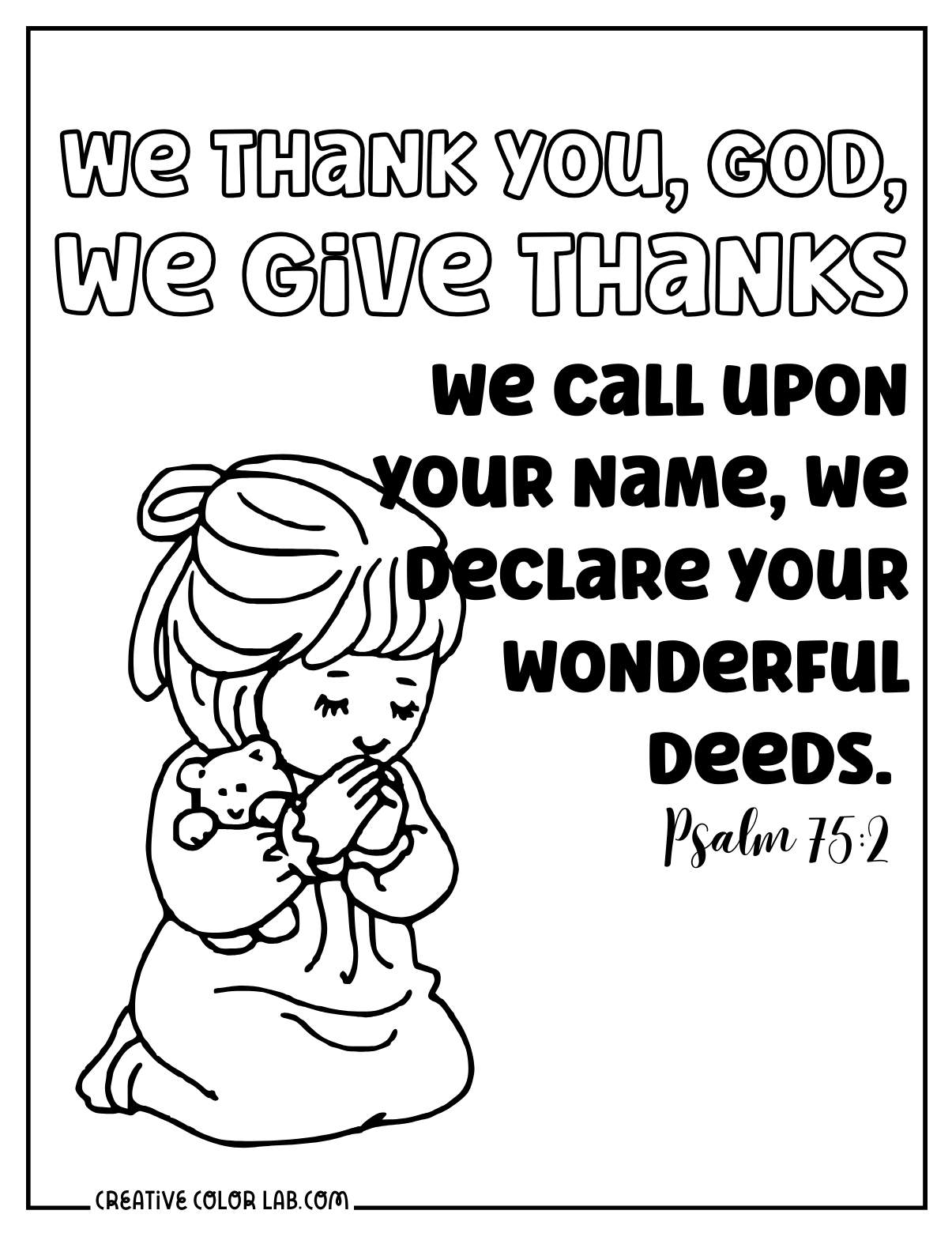 A little girl praying Psalm 75:2 for thanksgiving coloring page for preschool.