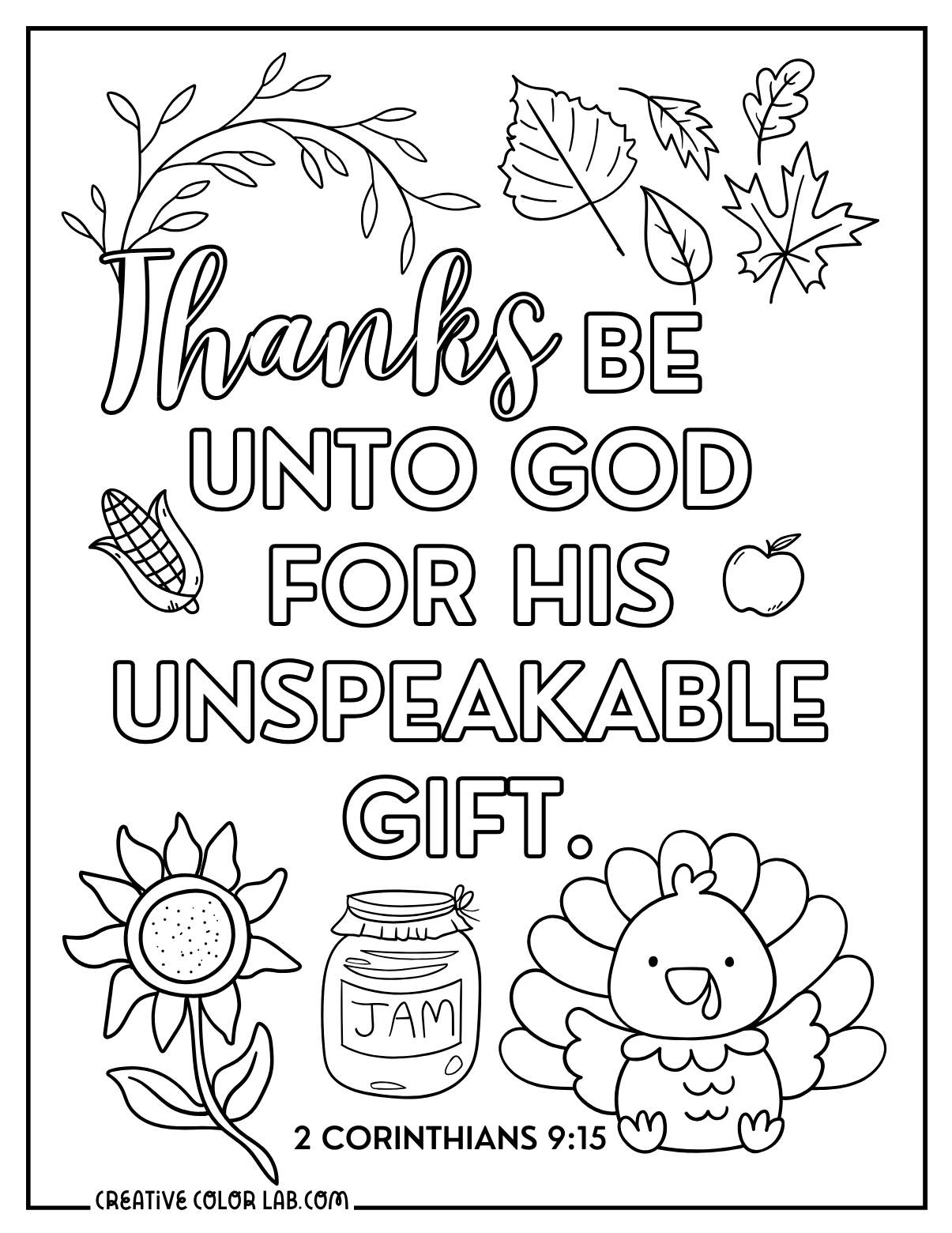 2 Corinthians 9:15 with thanksgiving pictures to color.