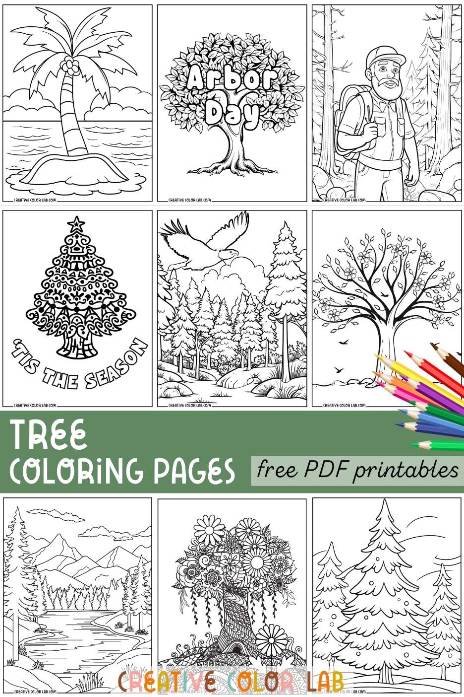Collection of free printable tree coloring pages.