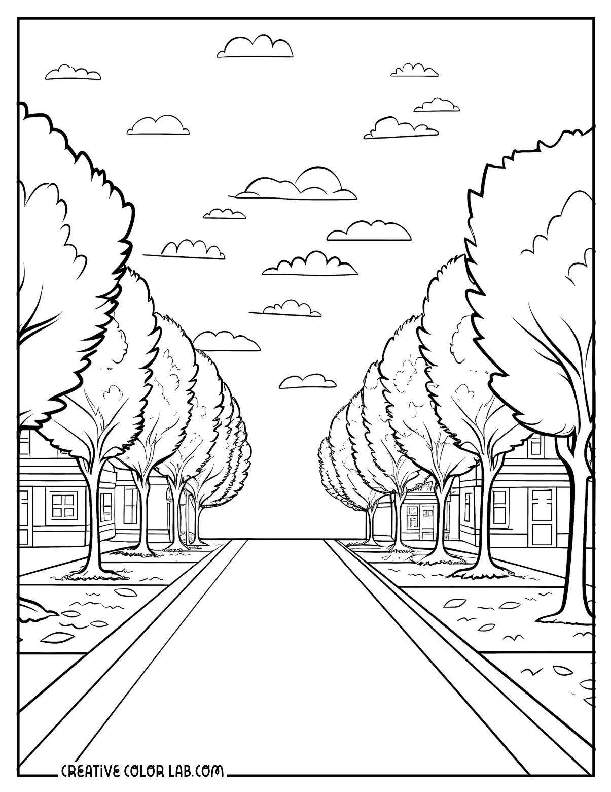 Tree lined park coloring sheet.