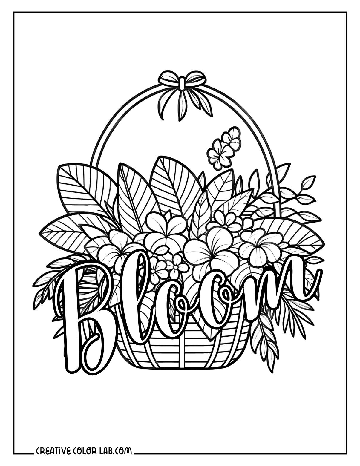 Tropical flowers in a hanging basket coloring page.