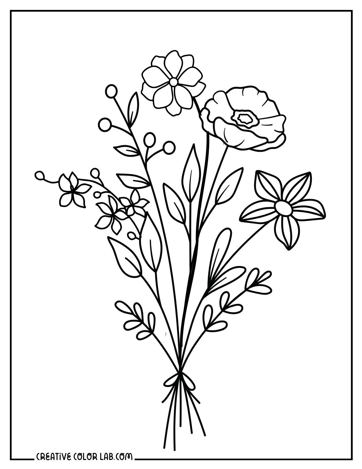 A variety of wild flowers bouquet coloring page.