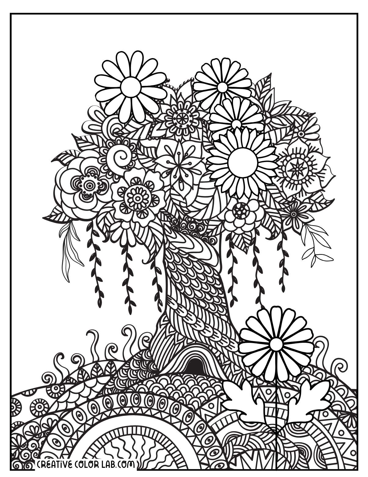 Detailed willow tree mandala coloring page for adults.