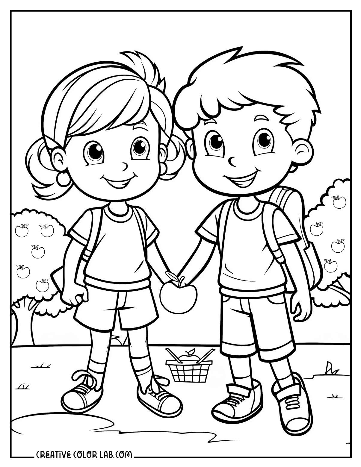 Young kids in apple orchard picture to color.