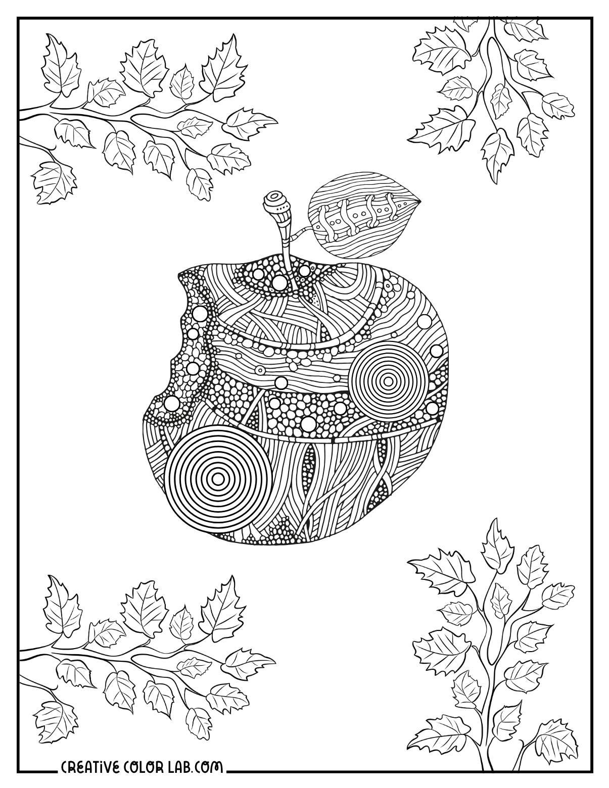 Zentangle apple coloring page for adults.