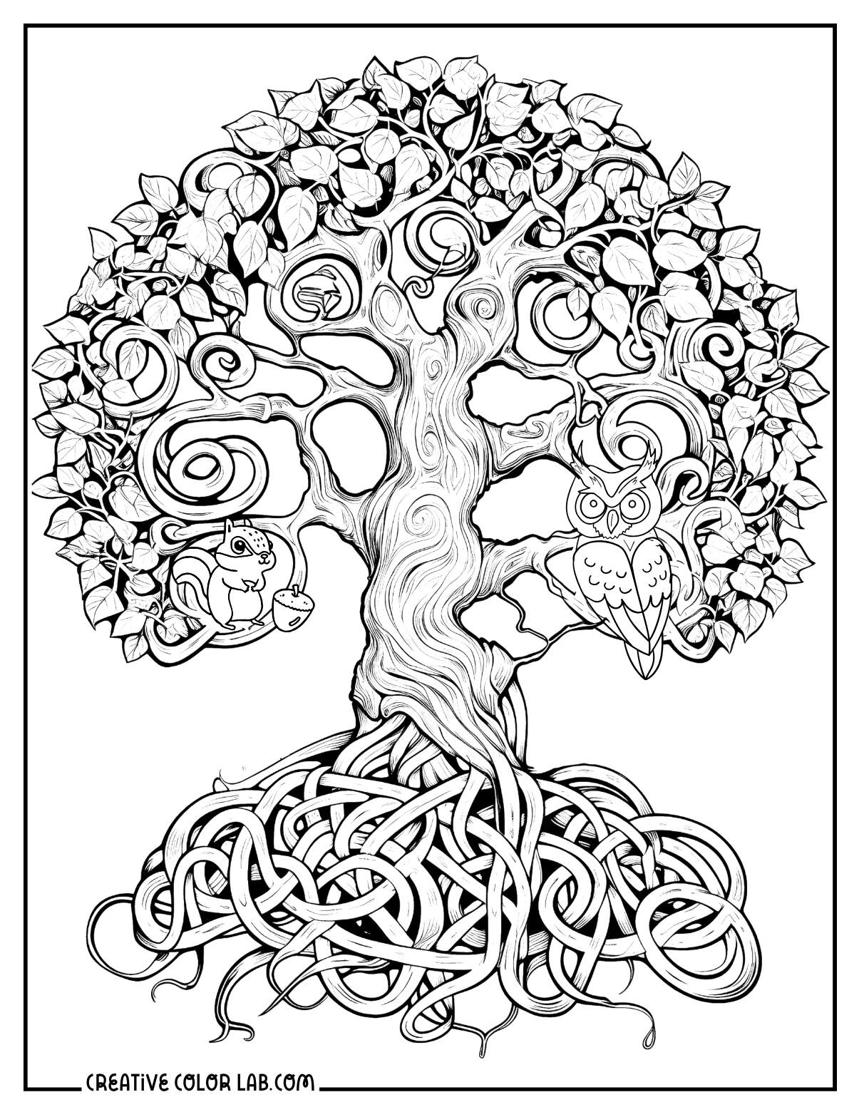 Zentangle tree coloring page for adults.